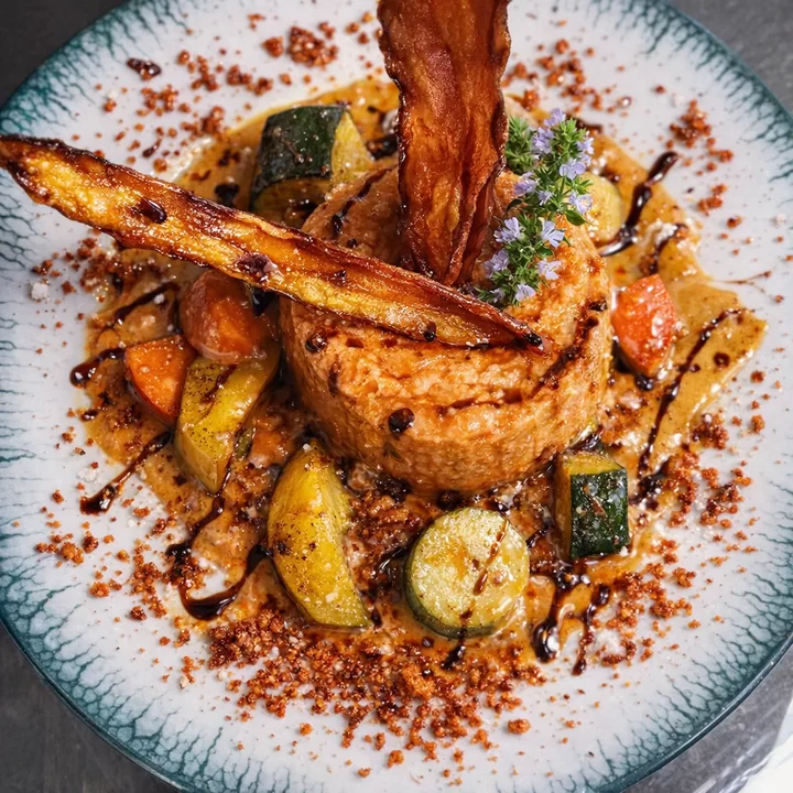 Photo du plat : parmentier de canard confit et patate douce, sauce au saté